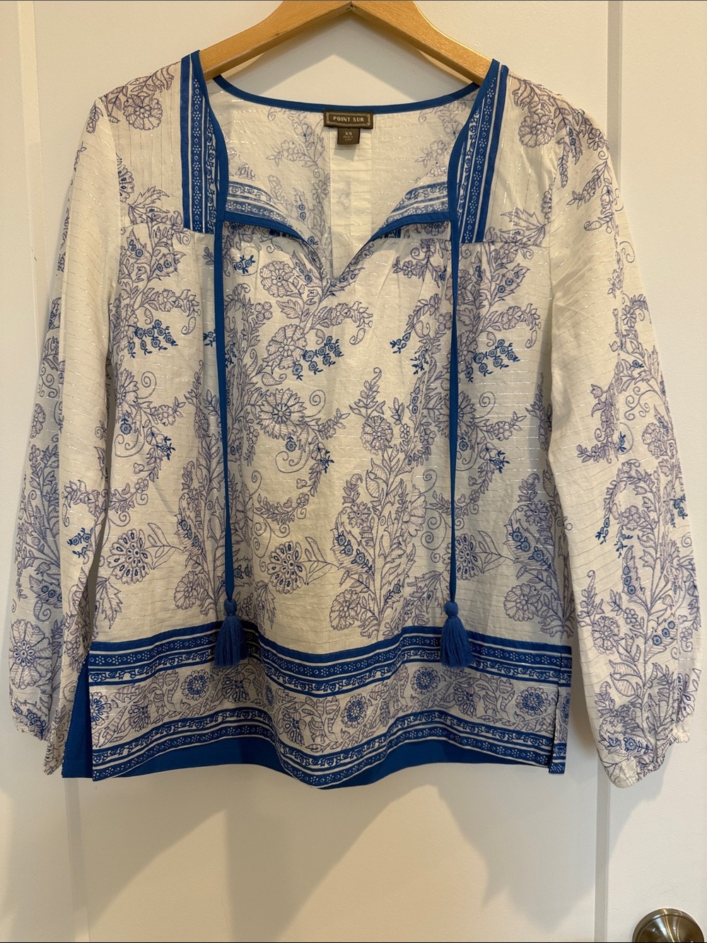 Point Sur White and Blue Floral Border Tunic with Tassel Ties